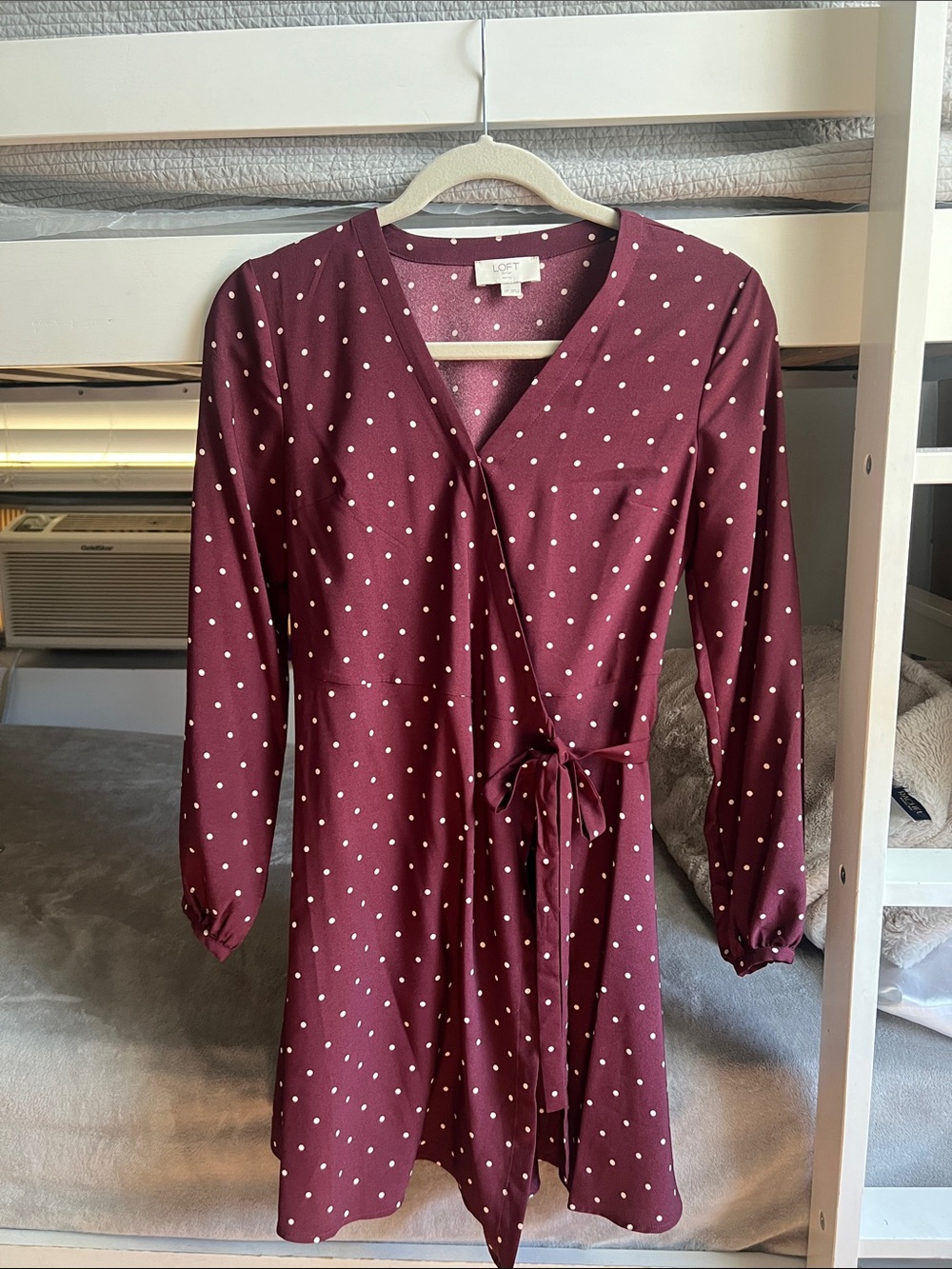 LOFT Burgundy Polka Dot Wrap Dress with Self-Tie